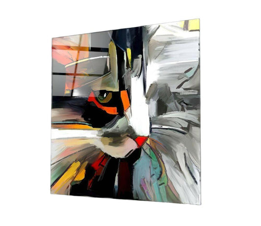 Abstract Cat Tempered Glass Wall Art - Modern Colorful Decor