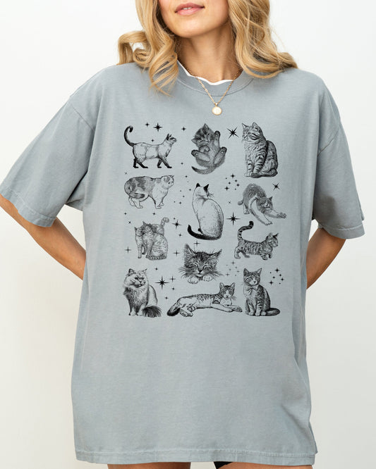Magical Cats Vintage Hand Drawn Multiple Cat Kitten Breeds With Tarot Sparkles, Halloween, Spooky Shirt Comfort Colors T-Shirt
