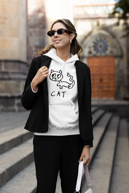 Minimalist Cat Print Fleece Hoodie - Relaxed Fit