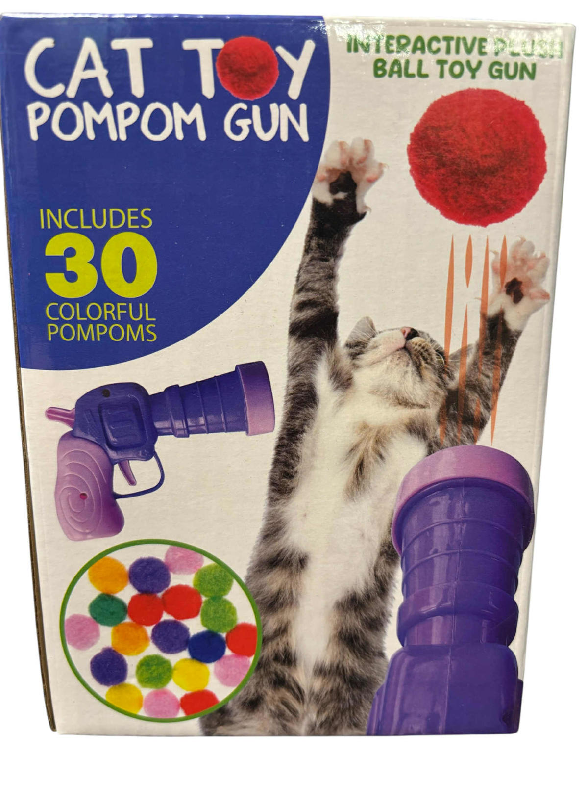 Cat Ball Gun Launcher Toy with 30pcs Colorful Stretch Plush Pom Pom Ball