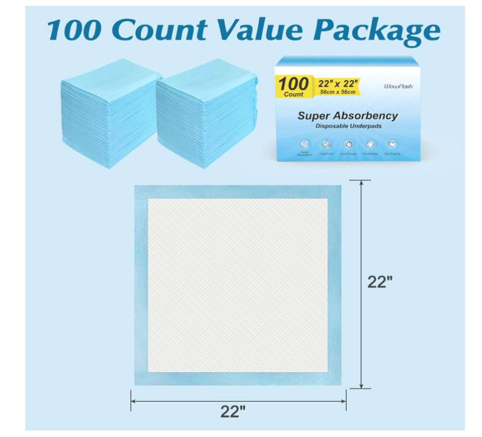 100 Count 22” x 22” Disposable Pads, Leakproof, Absorbent Quick Drying Pads
