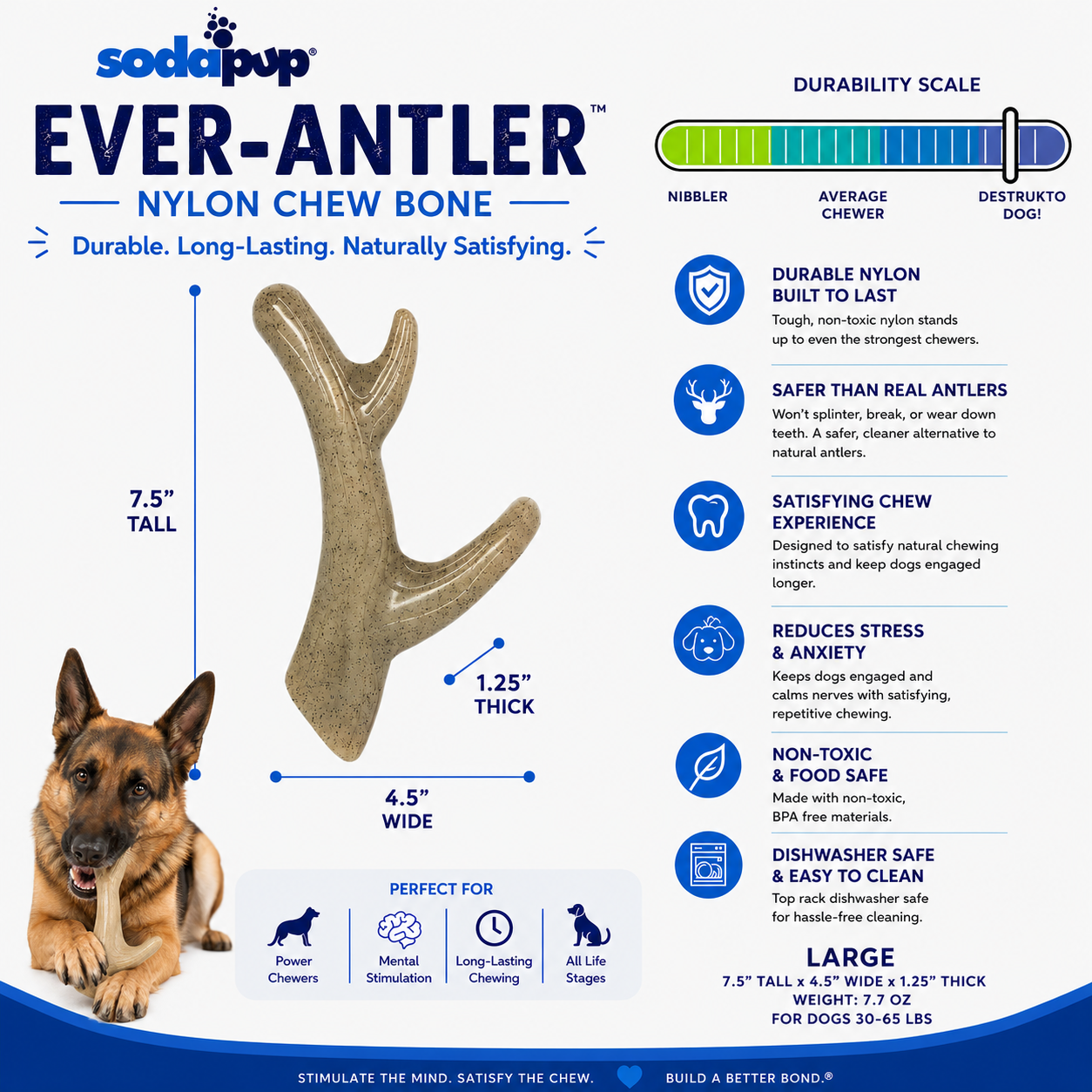 Ever Antler Nylon Chew Bone | Elk Antler Shaped Dog Toy for Aggressive Chewers | SodaPup