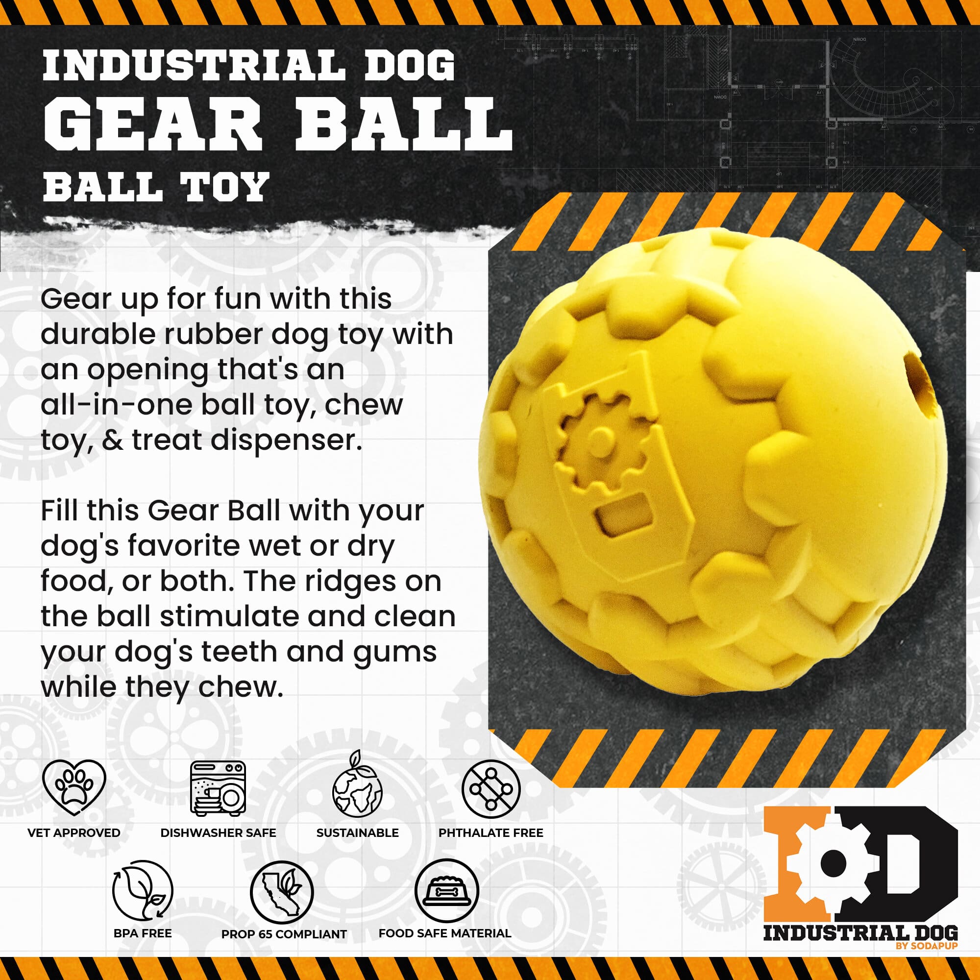 Industrial Dog Ball Rubber Chew Toy for Heavy Chewers | Yellow | USA Made | SodaPup