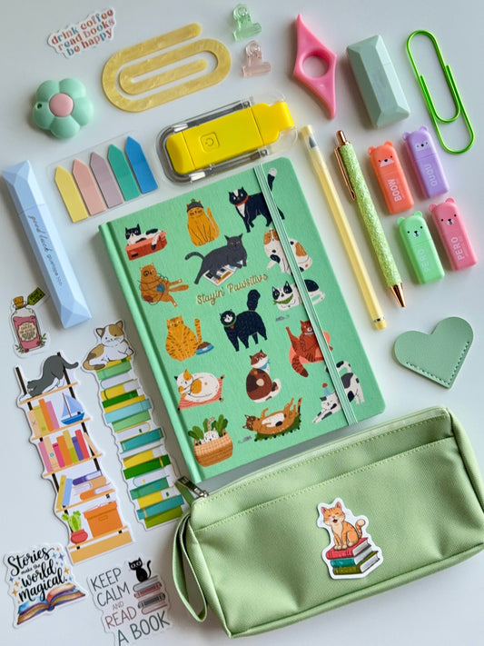 Cat Lover Bookish Stationery Bundle - A5 Notebook & Reading Light
