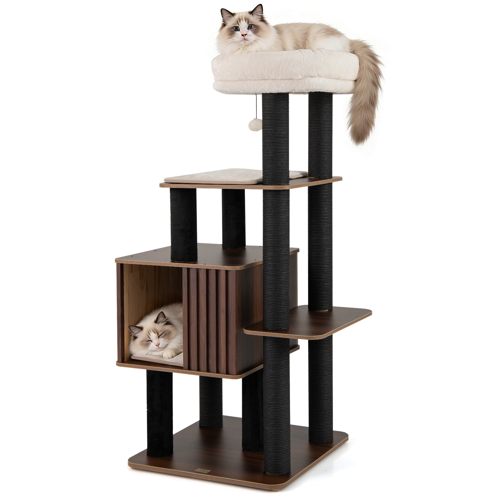 53.5 inch Tall Cat Tree for Indoor Cat Wooden Cat Tower Top Perch with Soft Padding-Brown