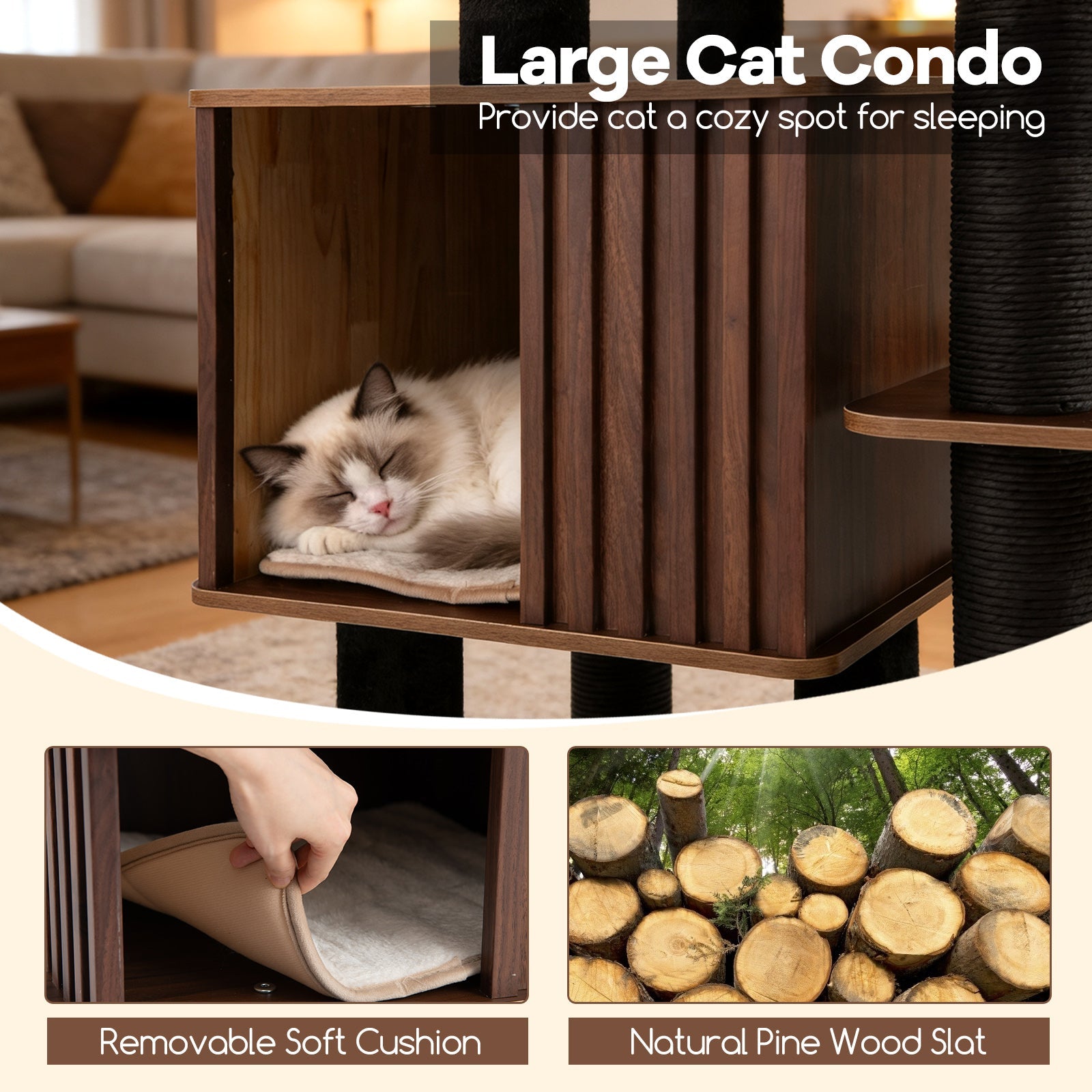 53.5 inch Tall Cat Tree for Indoor Cat Wooden Cat Tower Top Perch with Soft Padding-Brown