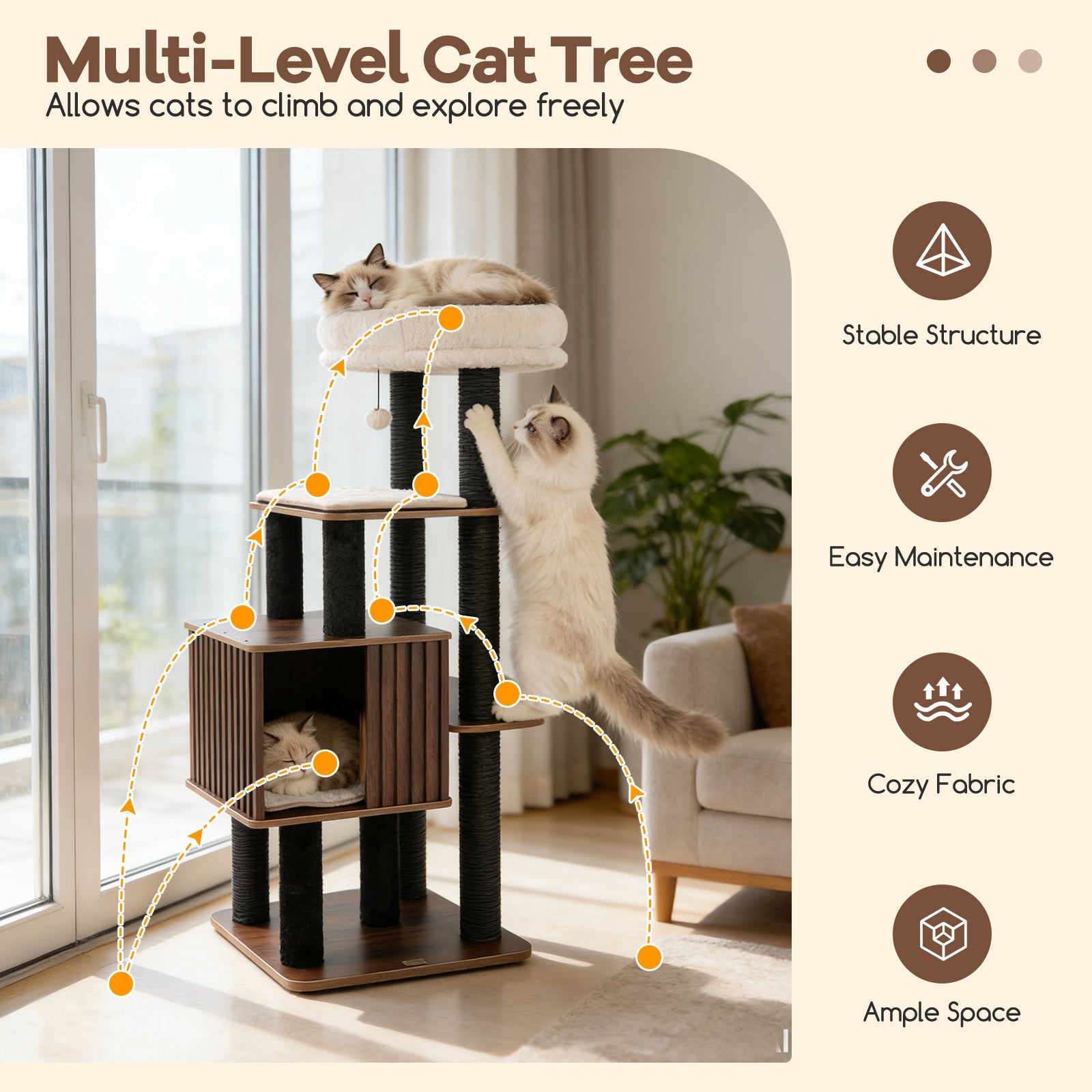 53.5 inch Tall Cat Tree for Indoor Cat Wooden Cat Tower Top Perch with Soft Padding-Brown