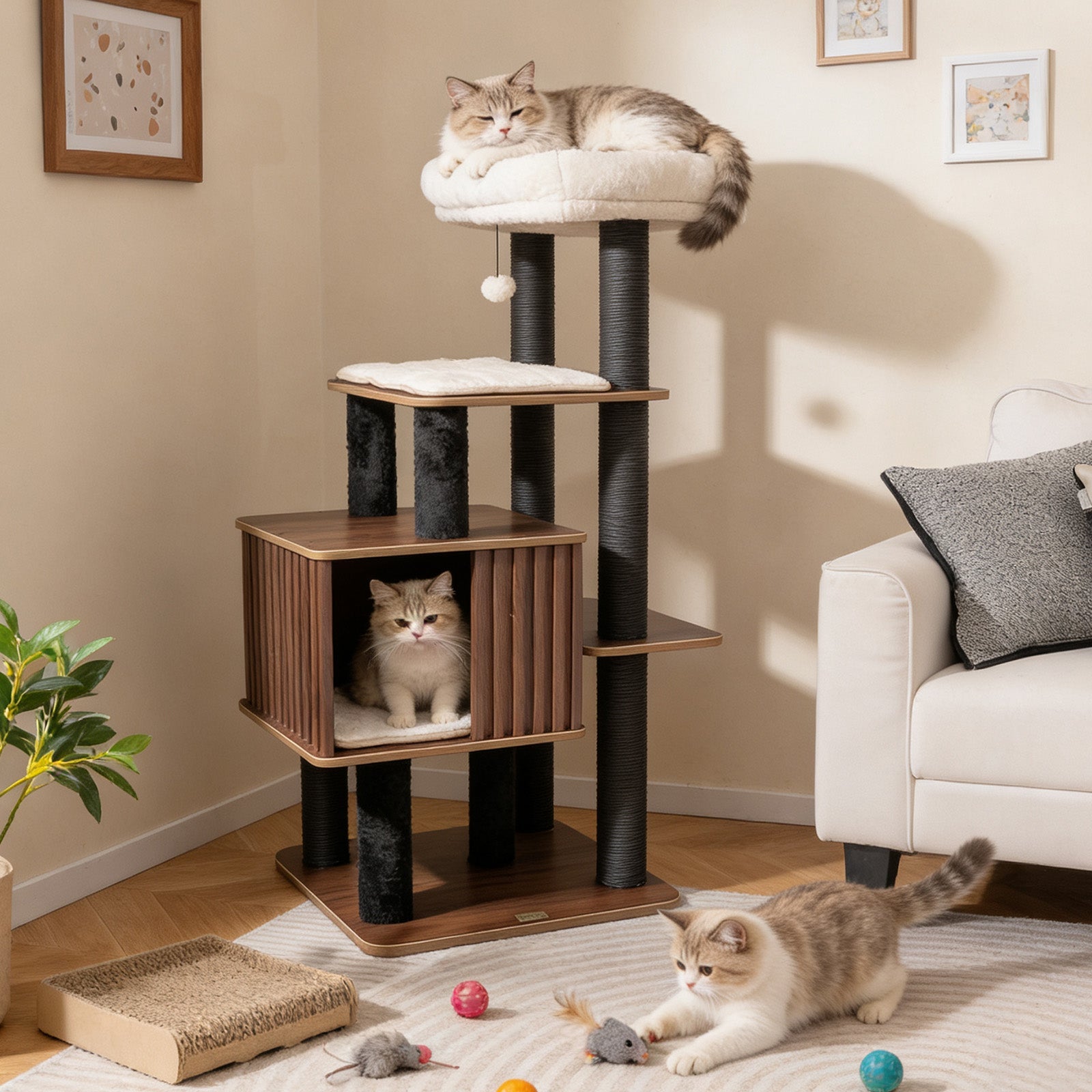 53.5 inch Tall Cat Tree for Indoor Cat Wooden Cat Tower Top Perch with Soft Padding-Brown