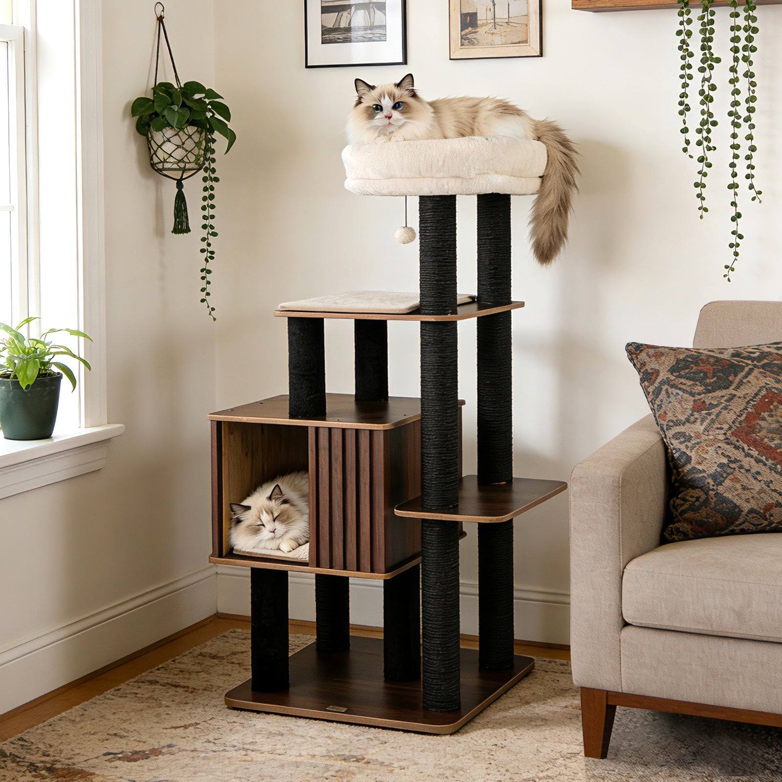 53.5 inch Tall Cat Tree for Indoor Cat Wooden Cat Tower Top Perch with Soft Padding-Brown