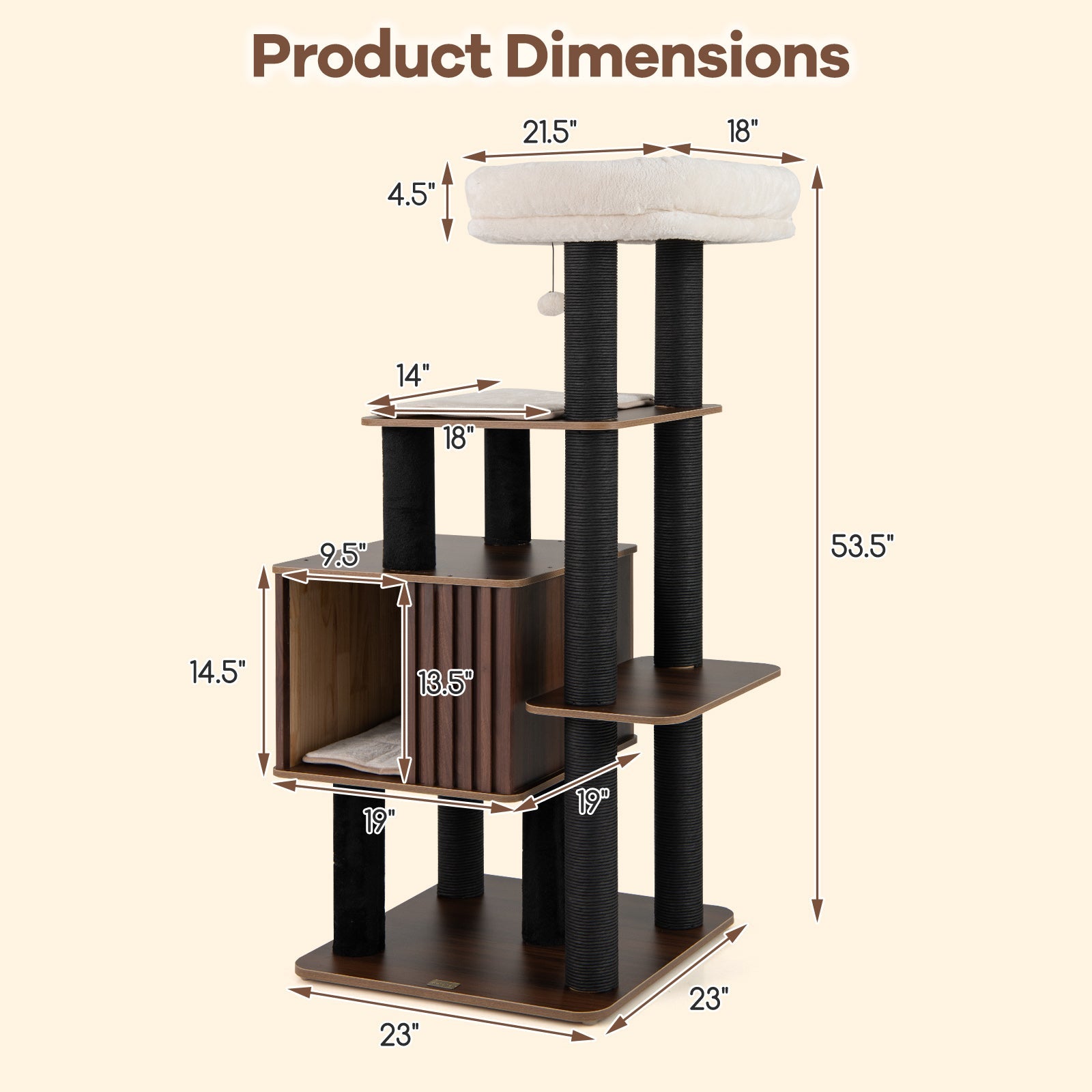 53.5 inch Tall Cat Tree for Indoor Cat Wooden Cat Tower Top Perch with Soft Padding-Brown