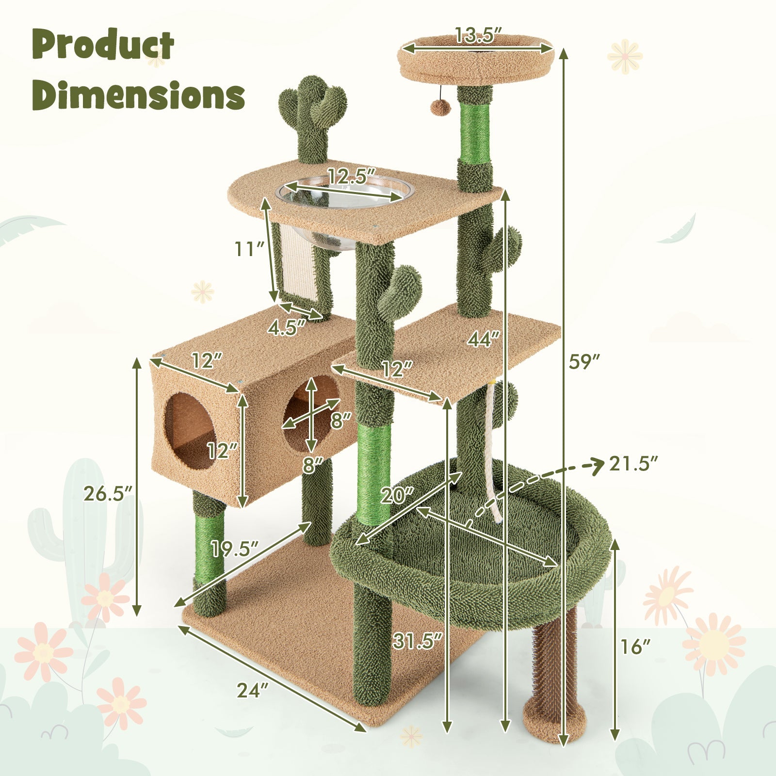 59 Inch Multilevel Cactus Cat Tree with Scratching Posts Cando Toy and Rope-Green
