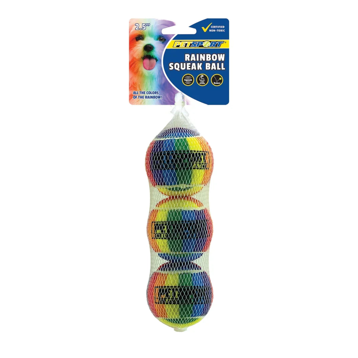 PETSPORT TUFF BALLS RAINBOW SQK BALL  2.5IN 3PK