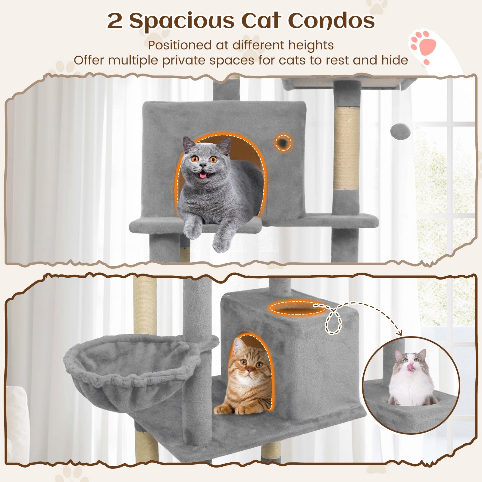80 Inches Tall Cat Tree with 2 Large Condos and Dangling Toys