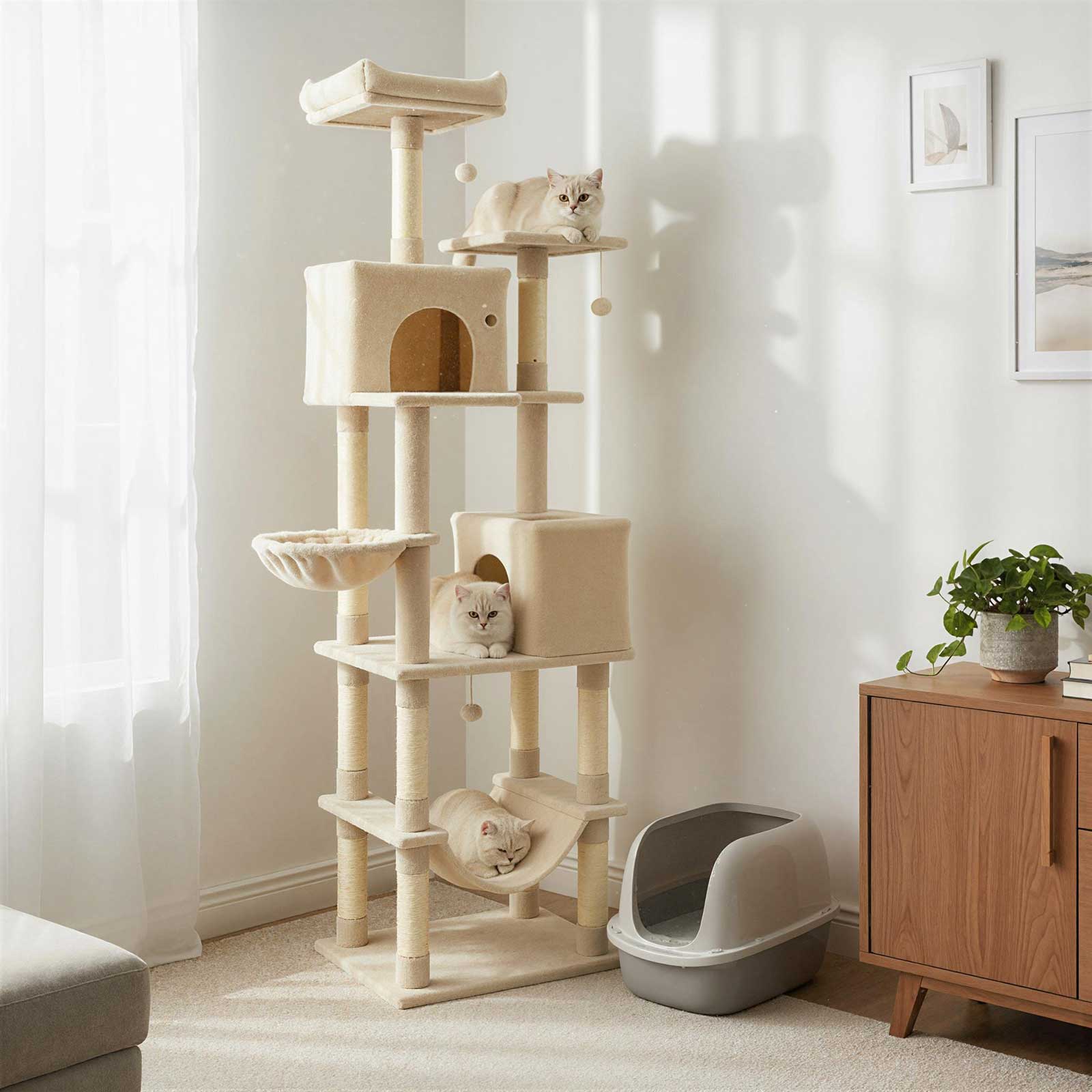 80 Inches Tall Cat Tree with 2 Large Condos and Dangling Toys