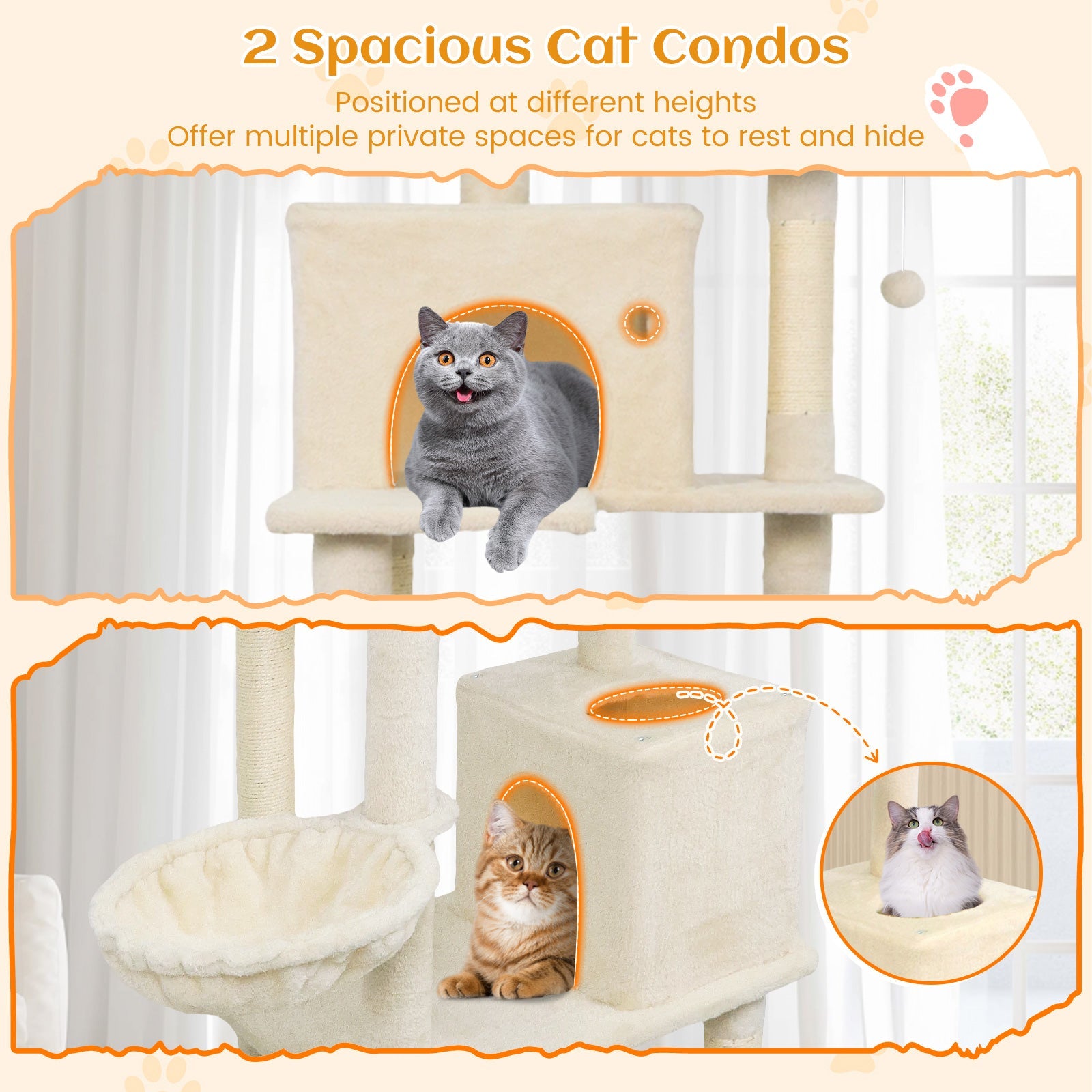 80 Inches Tall Cat Tree with 2 Large Condos and Dangling Toys