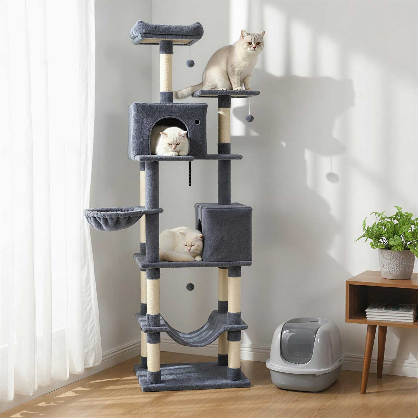 80 Inches Tall Cat Tree with 2 Large Condos and Dangling Toys