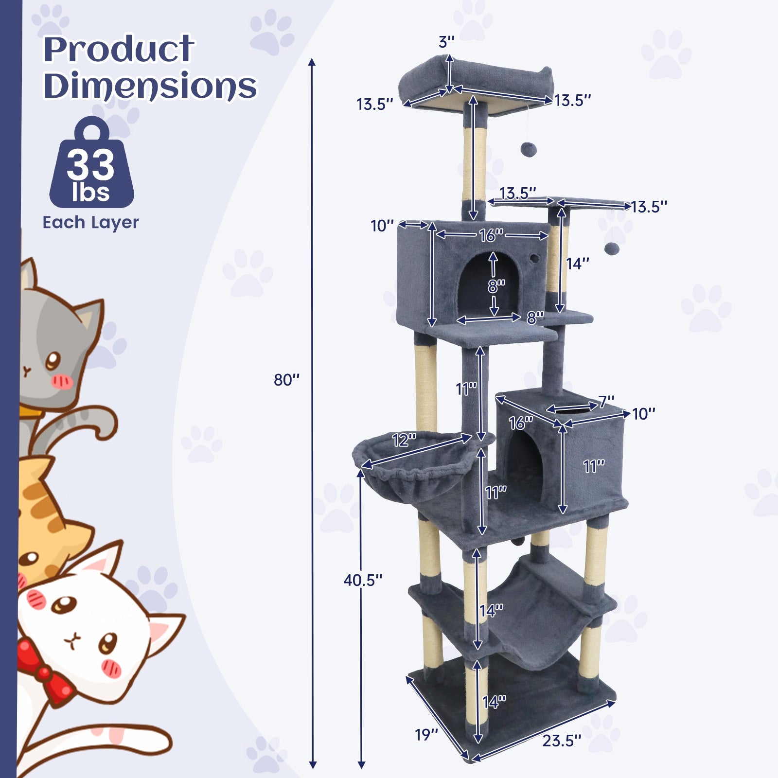 80 Inches Tall Cat Tree with 2 Large Condos and Dangling Toys