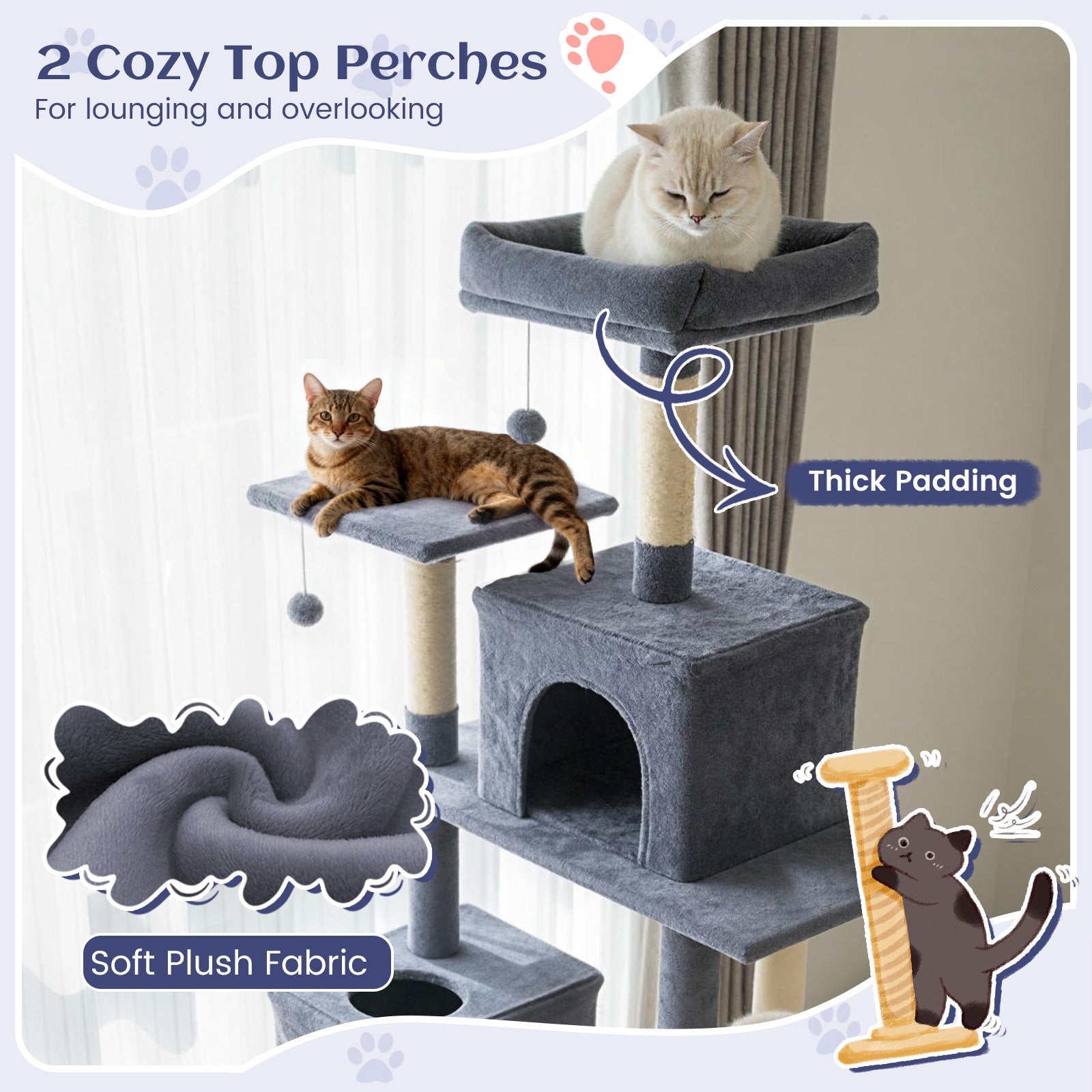 80 Inches Tall Cat Tree with 2 Large Condos and Dangling Toys
