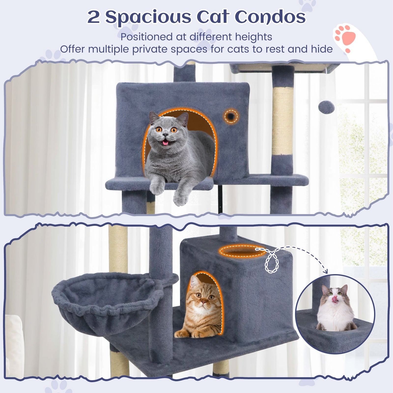 80 Inches Tall Cat Tree with 2 Large Condos and Dangling Toys