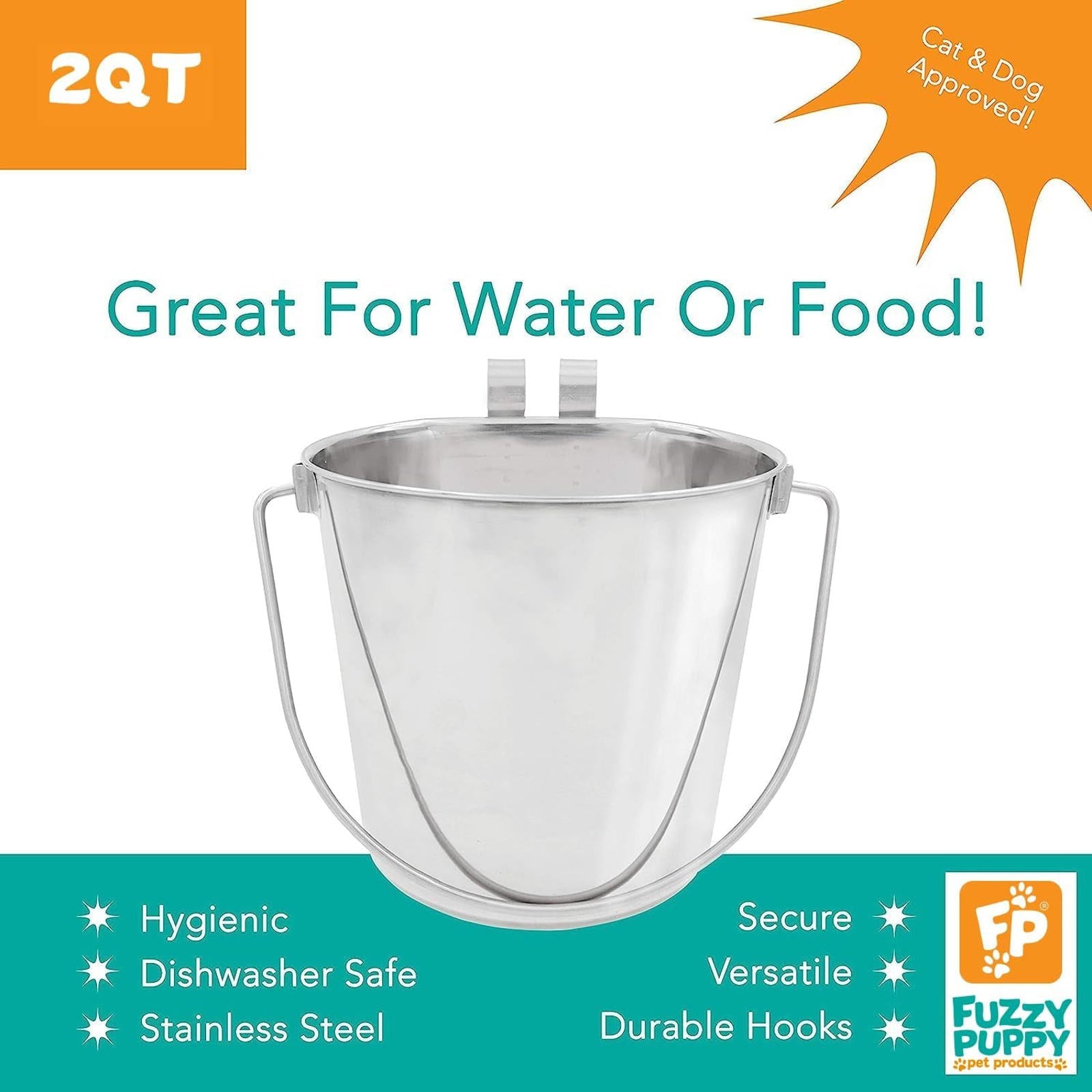 Fuzzy Puppy Flat Sided Pail with Dual Hooks, Snugly Fit On Dog, Cat and Critter