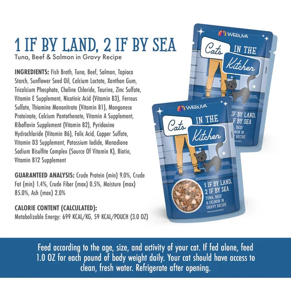 Cats in the Kitchen 1 If By Land, 2 If By Sea, Tuna, Beef & Salmon in Gravy (3oz)