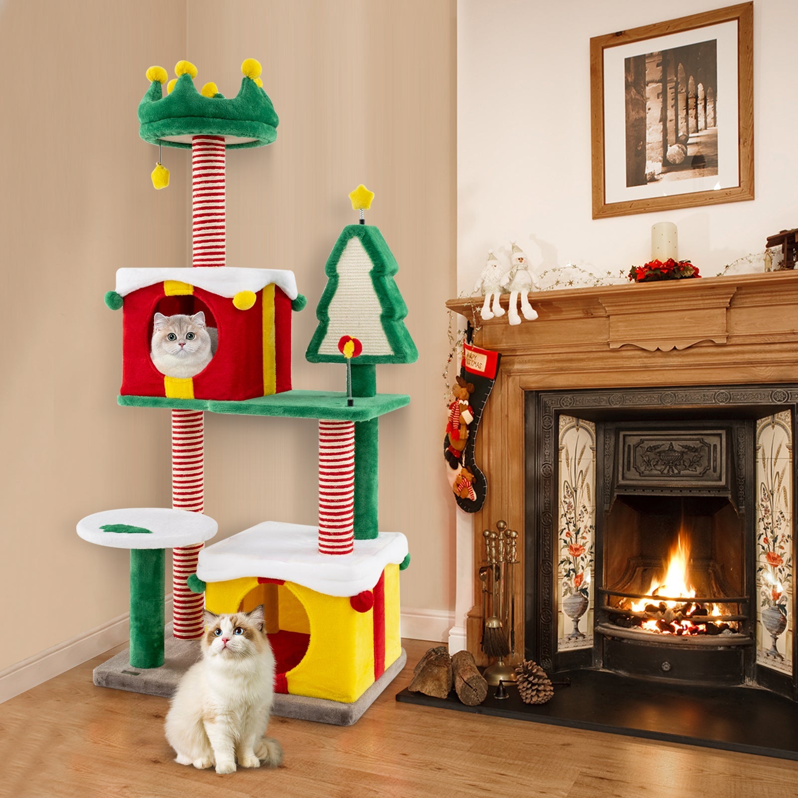 Cute Christmas Cat Tree Cat Tower for Indoor Cats with Scratching Posts and Carpet-Multicolor