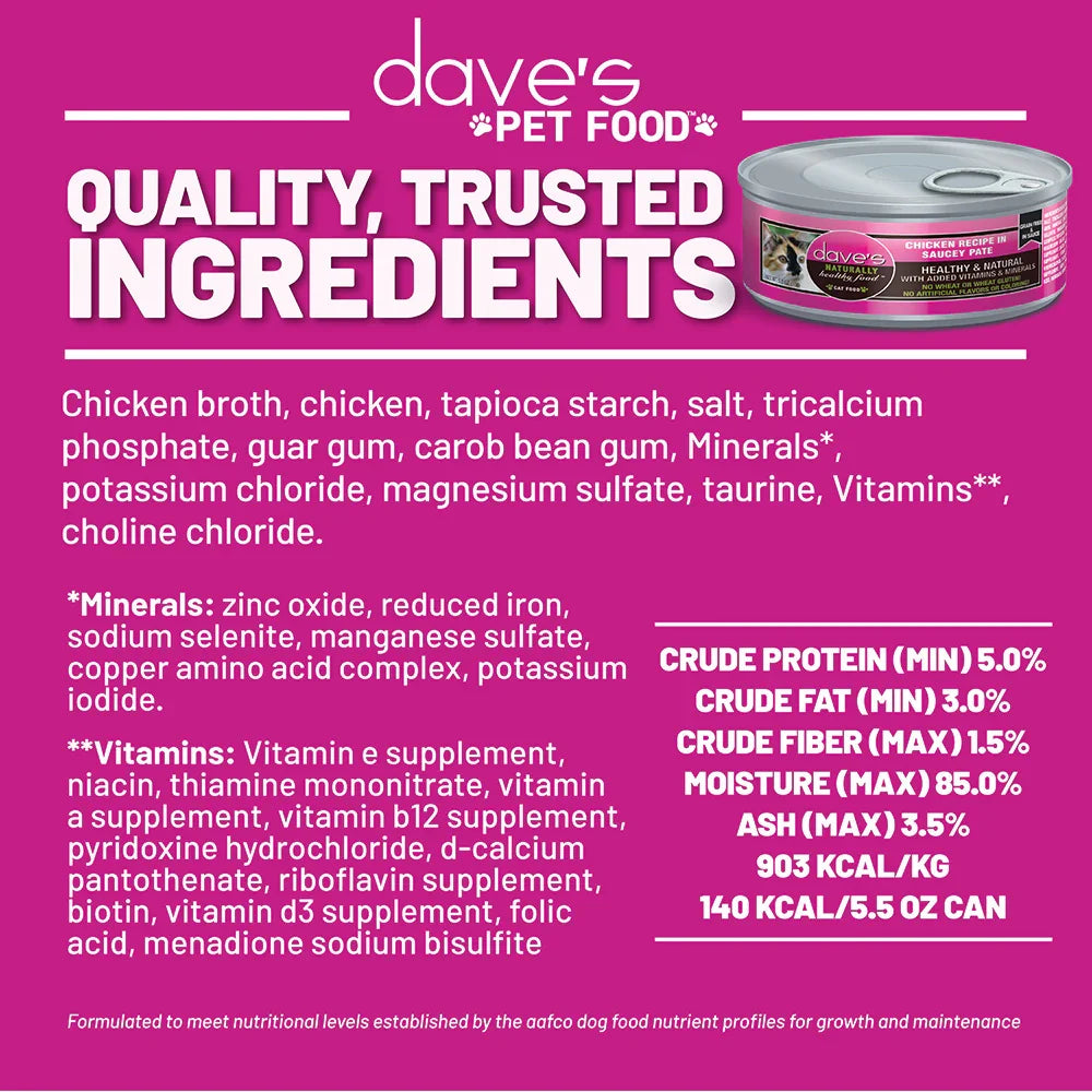 Dave's Chicken Recipe in Saucey Paté Wet Cat Food (5.5oz)