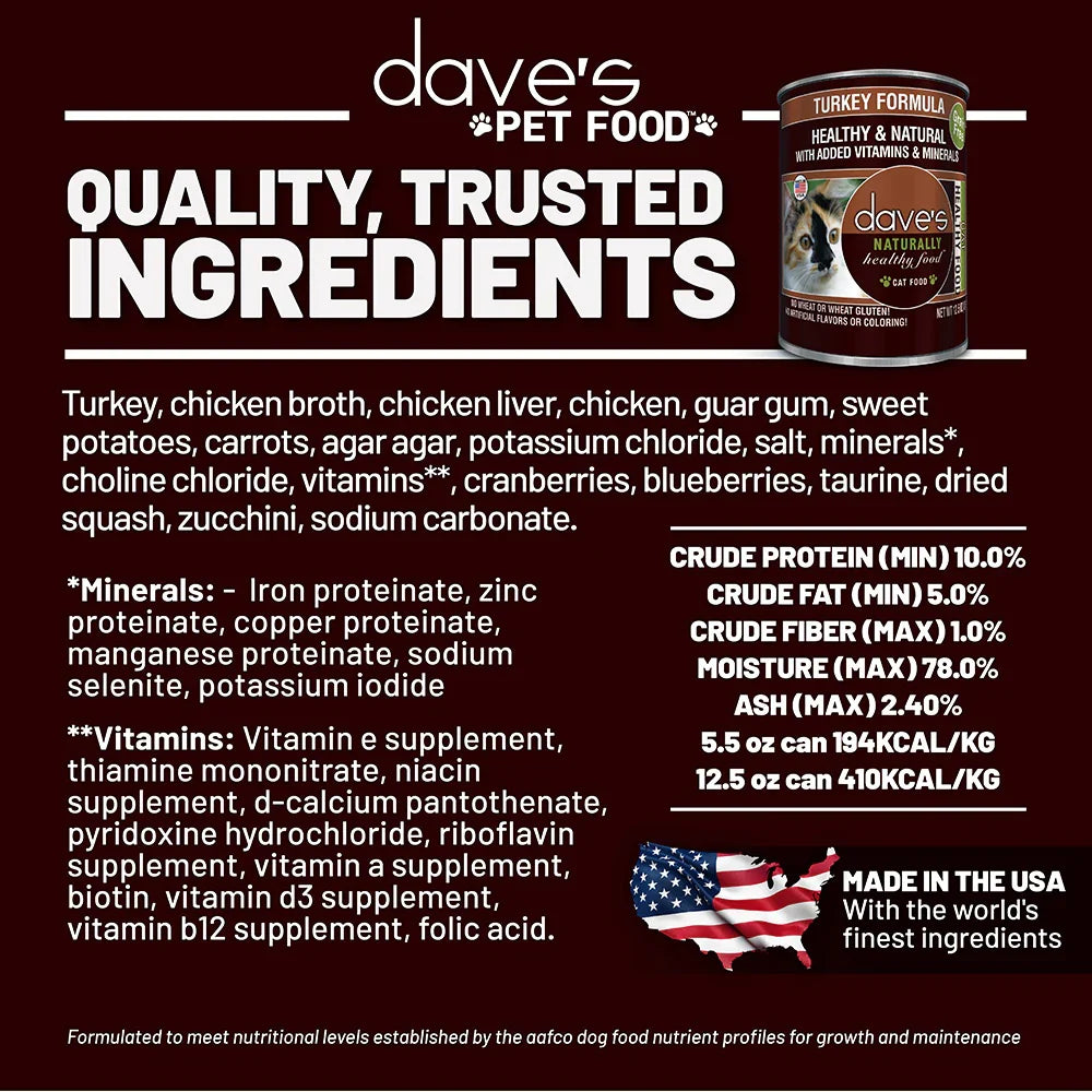 Dave's Naturally Healthy Turkey Dinner Paté Wet Cat Food (12.5oz)
