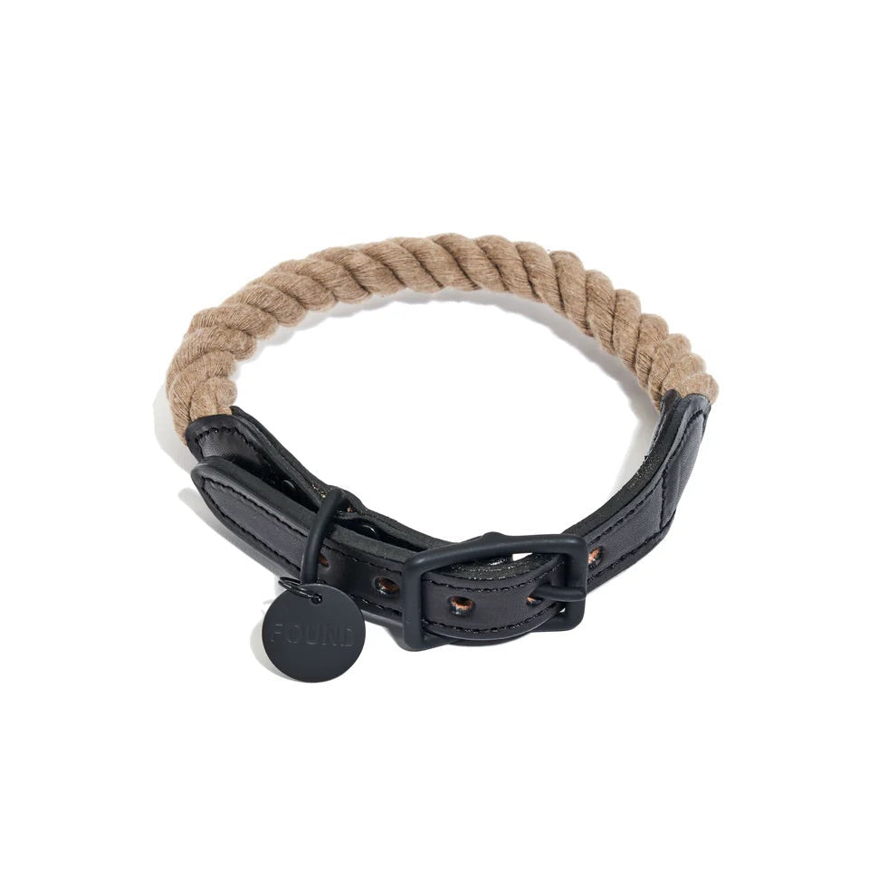 Found My Animal Matte Black Rope & Leather Collar Medium