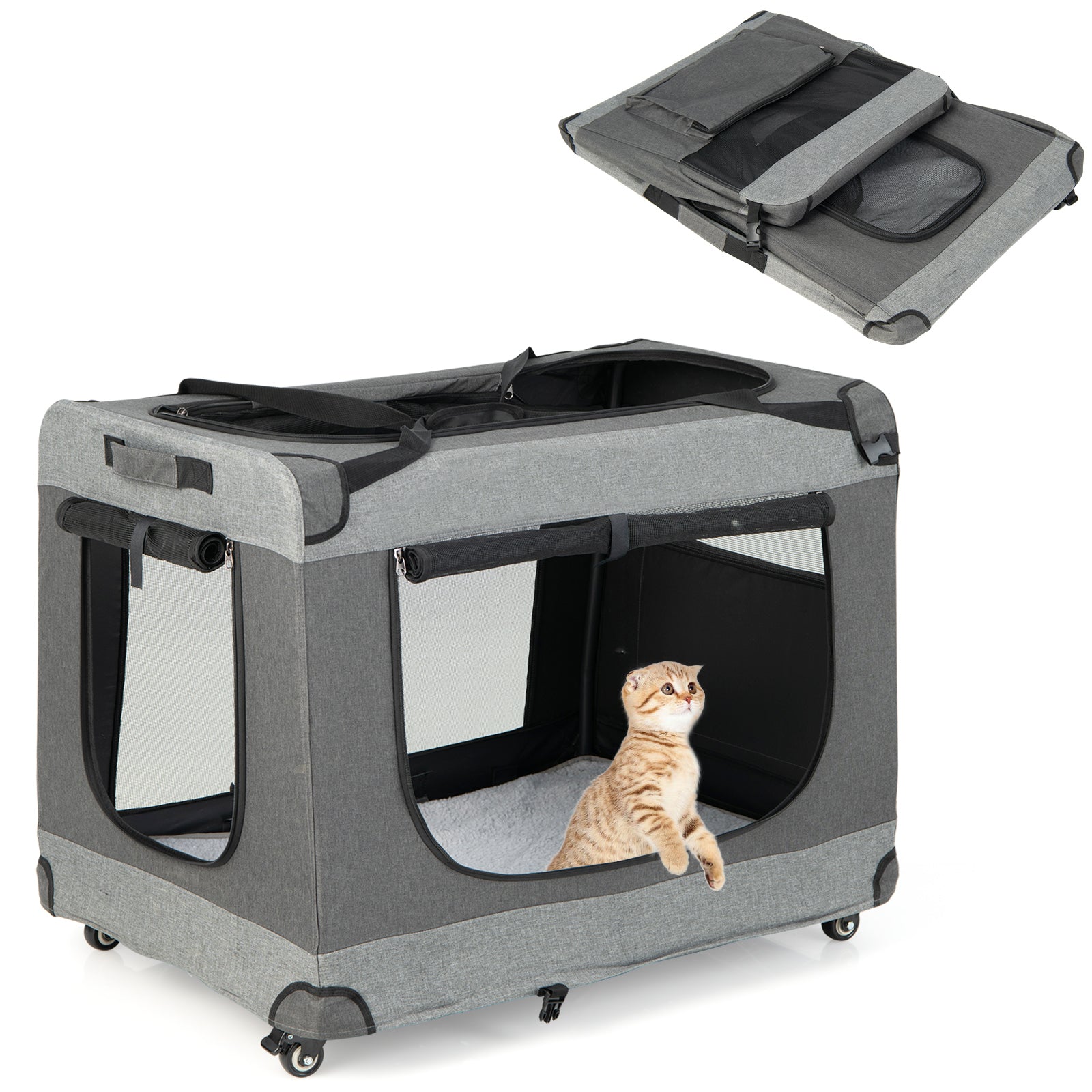Portable Folding Dog Soft Crate Cat Carrier with 4 Lockable Wheels