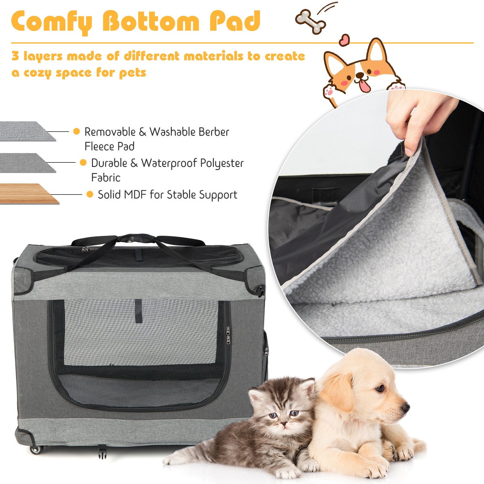 Portable Folding Dog Soft Crate Cat Carrier with 4 Lockable Wheels