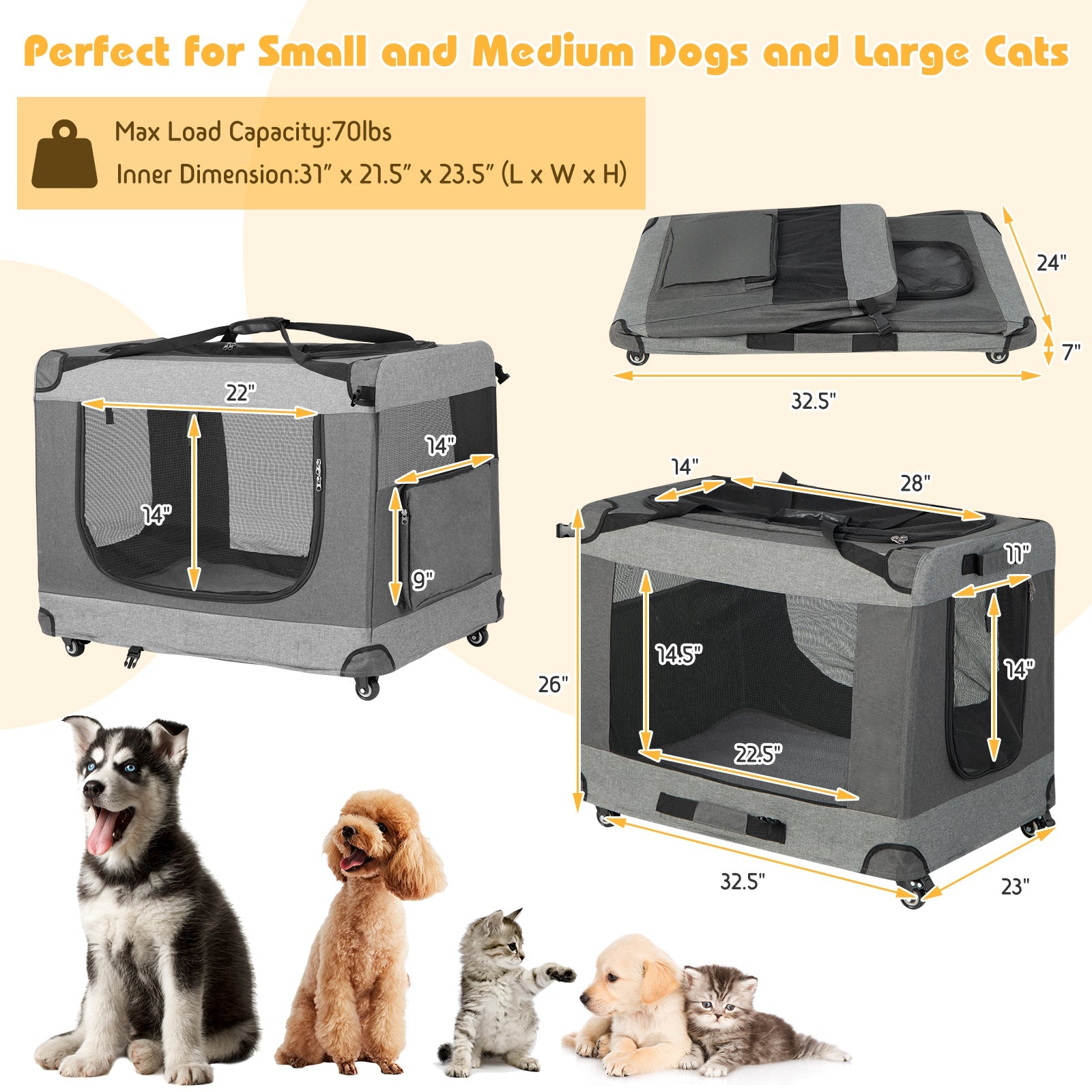 Portable Folding Dog Soft Crate Cat Carrier with 4 Lockable Wheels