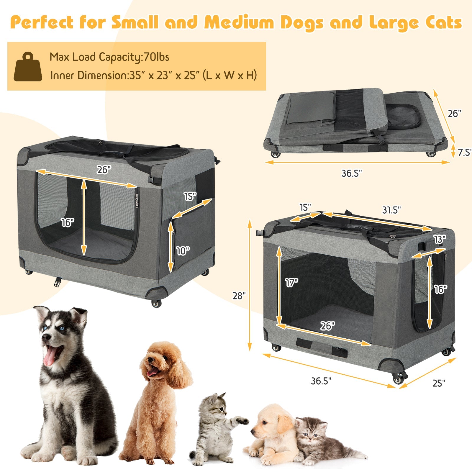 Portable Folding Dog Soft Crate Cat Carrier with 4 Lockable Wheels
