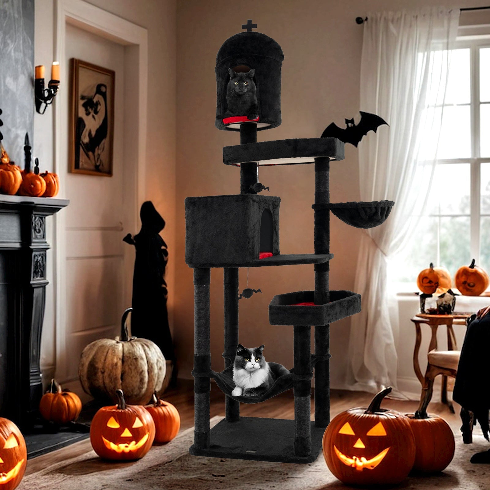 Gothic Cat Tree with 2 Cat Condos and Coffin Bed for Indoor Cats-Black