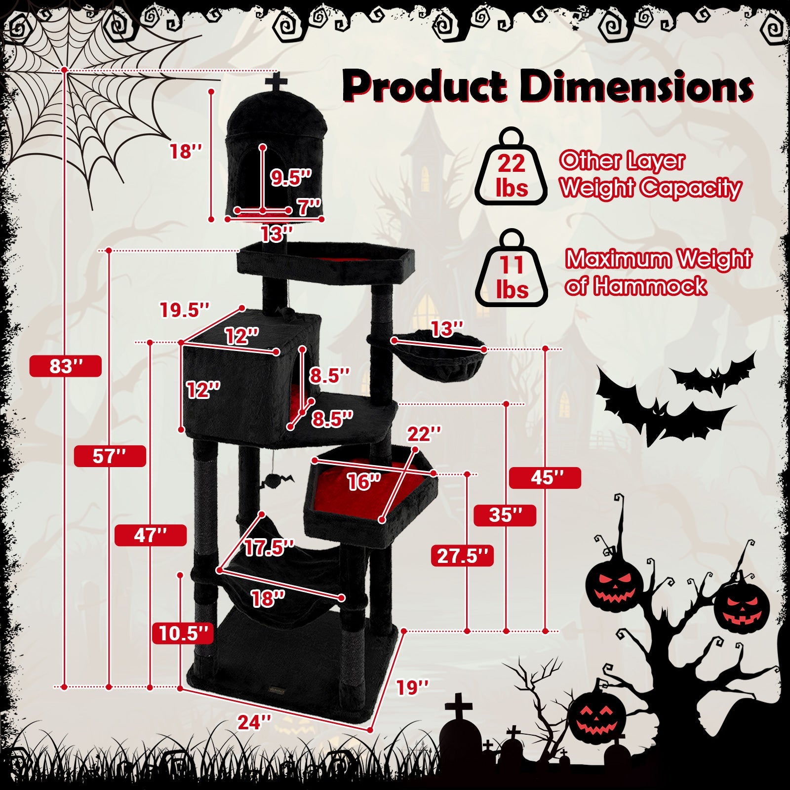 Gothic Cat Tree with 2 Cat Condos and Coffin Bed for Indoor Cats-Black