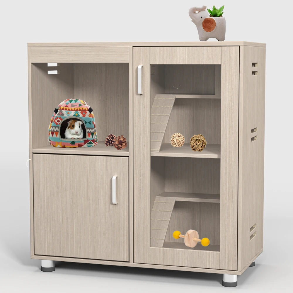 Hamster Cage, Small Animal Cage for Chinchilla/Rat, 4-Tier Guinea Pig Cage Wood with Acrylic Windows, Storage Cabinet