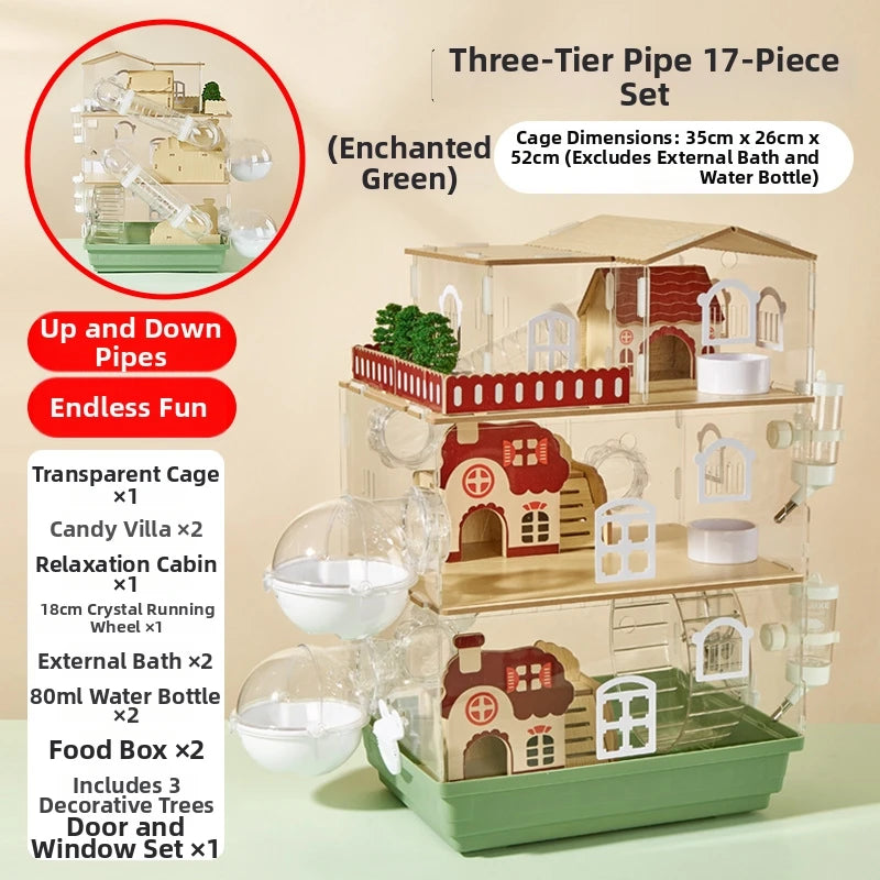 3-Story Hamster Mansion Large Transparent Habitat Syrian Large Full Ventilation Acrylic Cage Deep Base Complete DIY Natural