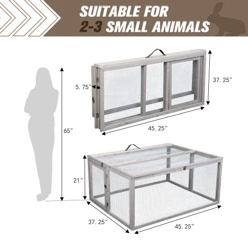Portable Grey FCJ Folding Rabbit Hutch Wooden Guinea Pig Runway with Perch Pole Outdoor Animal Cage