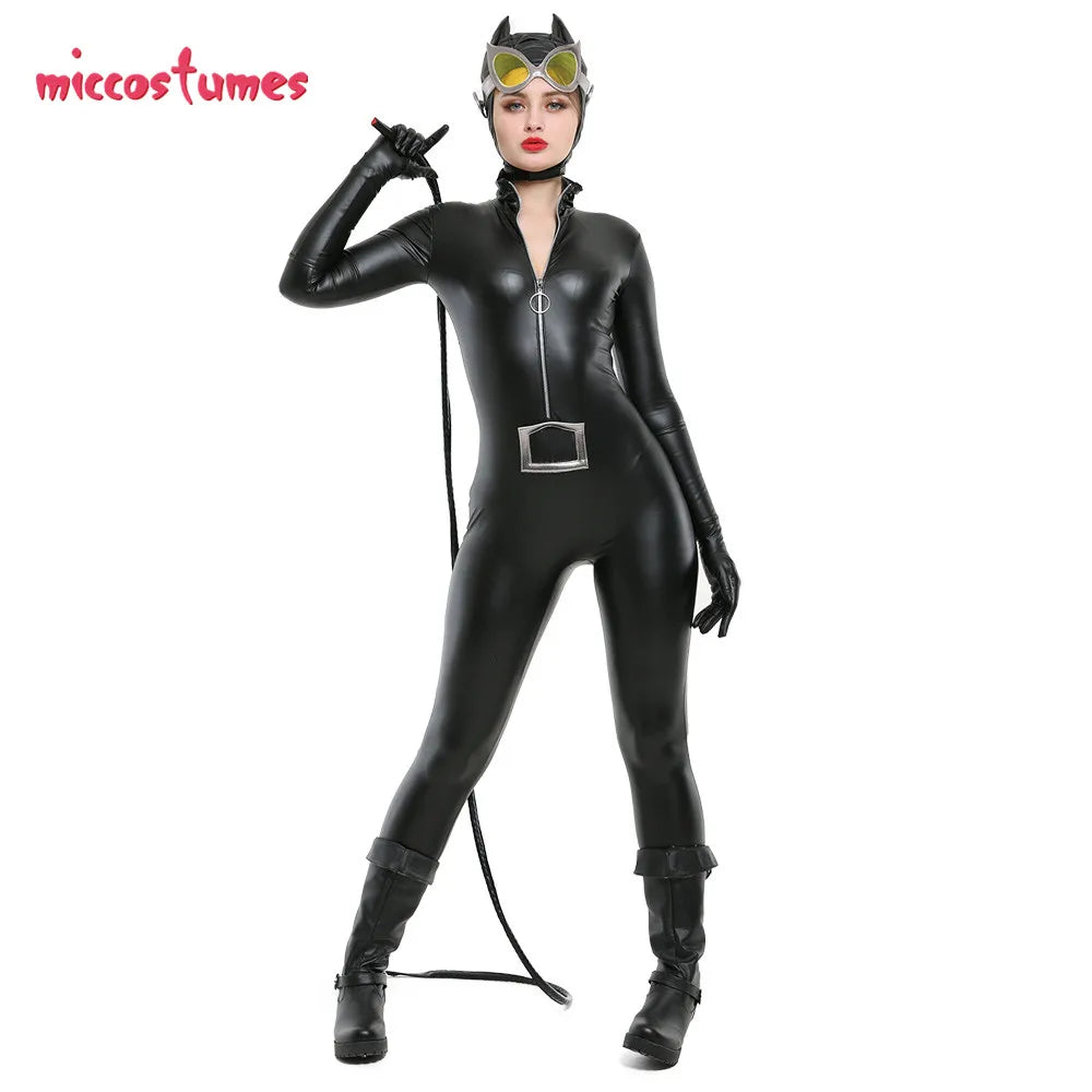 Miccostumes Cat Suit Kitty Cosplay Costume Black Bodysuit Jumpsuit Woman Halloween Cosplay Costume