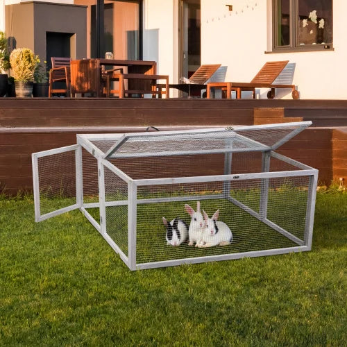Portable Grey FCJ Folding Rabbit Hutch Wooden Guinea Pig Runway with Perch Pole Outdoor Animal Cage