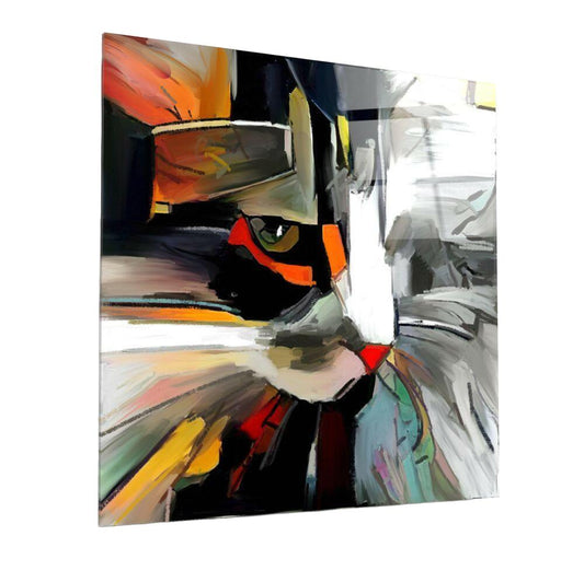 Abstract Cat Tempered Glass Wall Art - Modern Colorful Decor