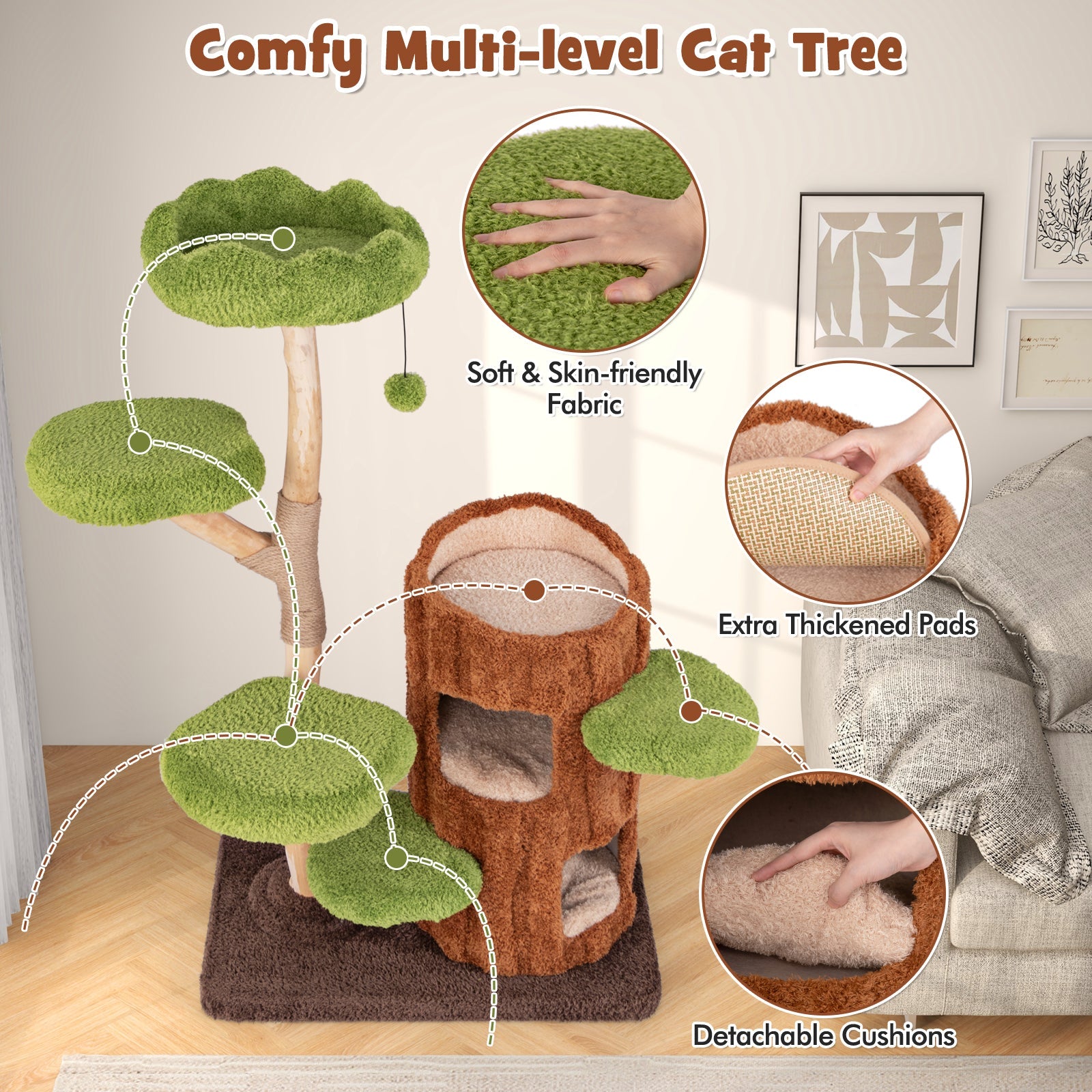 Multi-level Cat Tree with Double Decker Cat House and Sisal Panel-Brown