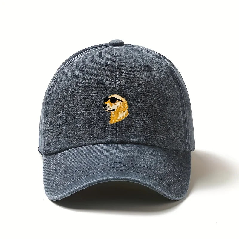 Wearing sunglasses, a golden retriever printed baseball cap, a gift for dog lovers with multiple colors to choose from