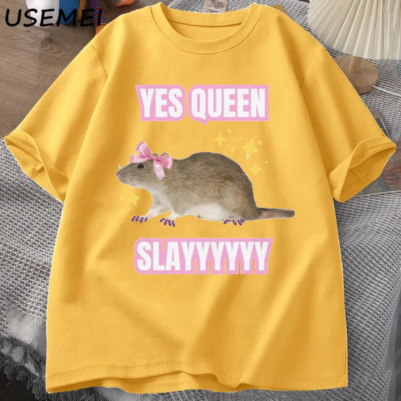 Yas Queen Slay T Shirt Humor Funny Cotton Short Sleeve Rat T-Shirt Men's Clothing Harajuku Retro Oversized Cotton T Shirt