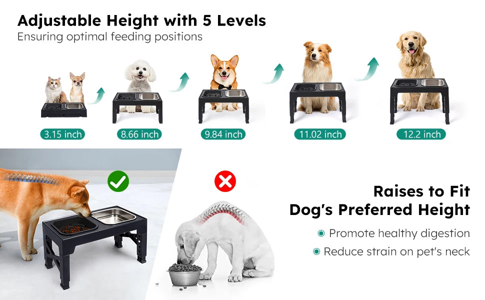 Elevated Slow Feeder Dog Bowls - 5 Heights Adjustable Stand