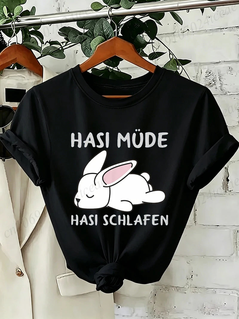 Bunny Is Tired T Shirts Lazy Bunny Graphic Tee Women Casual O Neck Short Sleeve Loose Streetwear Cute Rabbit Print T-Shirt Tops