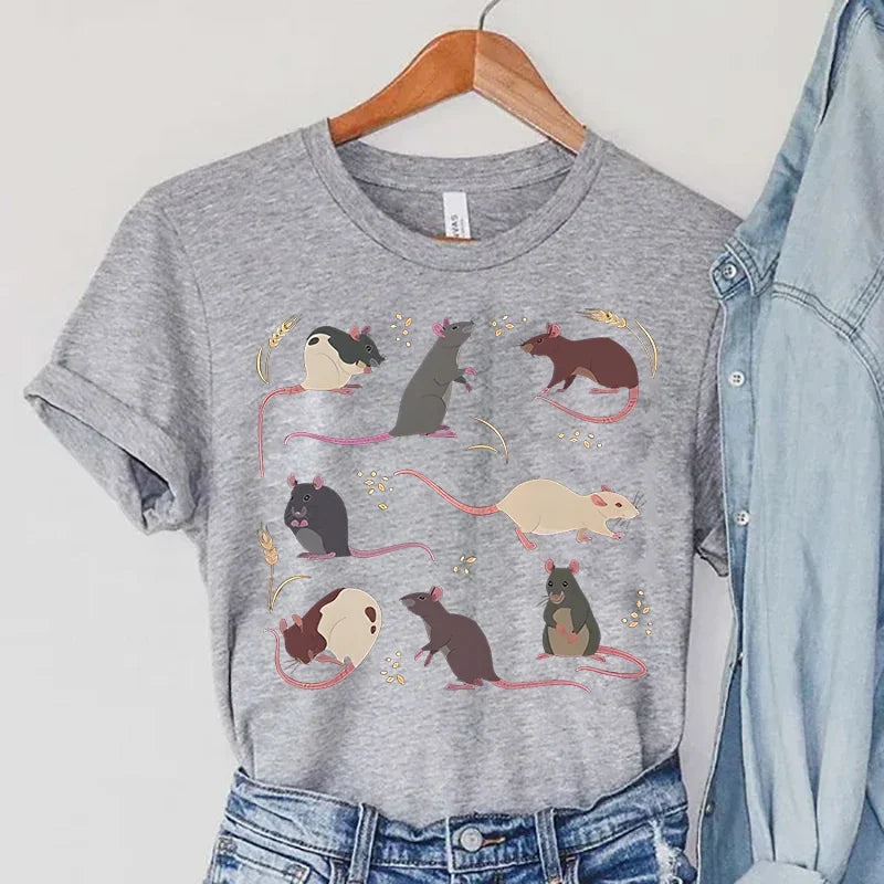 Rat T-Shirts Women Harajuku Animal Tops Summer Casual Fashion TShirts Vintage Paddy Print Women's Clothing Rat Female T-Shirts