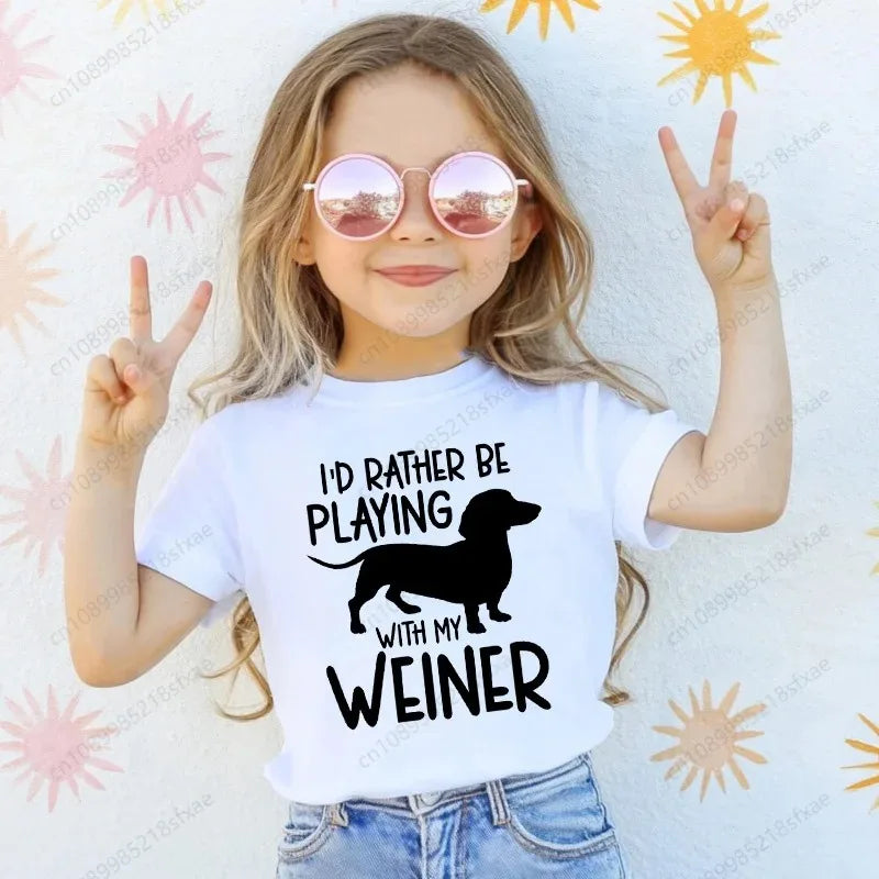 T-shirt with Dachshund Teckel dog print,fun t-shirts for babies,t-shirt for kids,white short-sleeve summer t-shirts for children