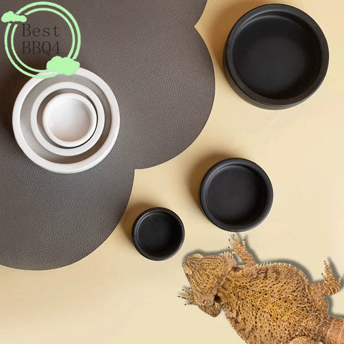 (BBQ4)Reptile Food Bowl Anti-Escape Ceramic Feeder Dish Black Reptile Water Bowl For Hermit Crab Gecko Chameleon Corn Snake