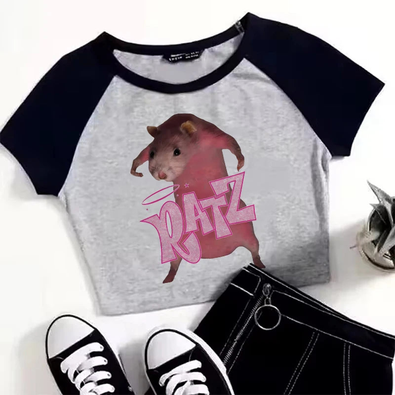 Kawaii Rat Ratz Mouse Cropped Print Crew Neck T-shirt Y2K Short Sleeve Tight Fit Crop Top Spring Summer Women's Clothing